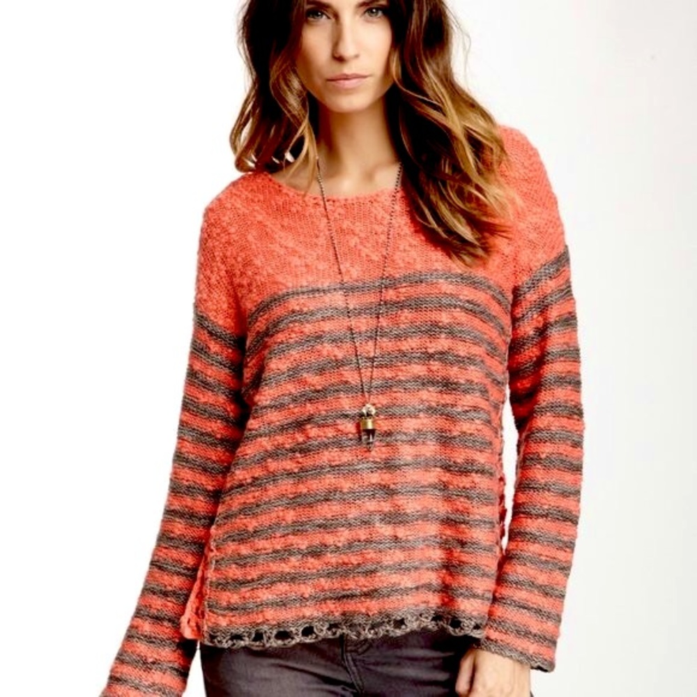 Free People Orange Gray Striped Nubby Knit Sweater Sz L